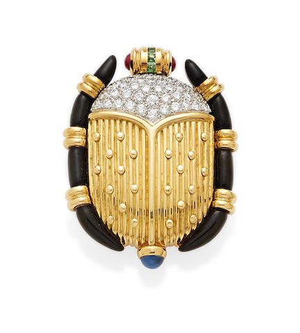 A diamond, enamel, platinum and gem-set 18K gold scarab brooch, Tiffany & Co.,