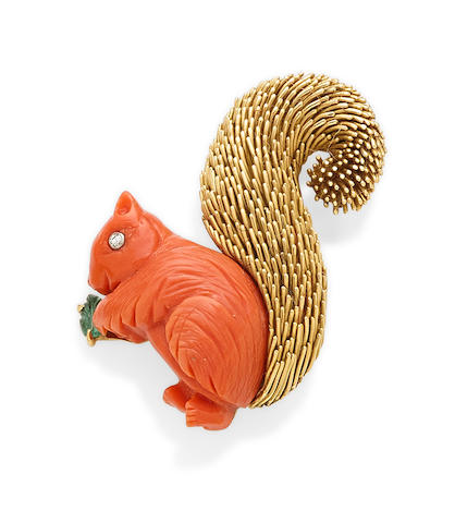 A Coral, Diamond, Emerald and 18K Gold Squirrel Brooch, Van Cleef & Arpels, French