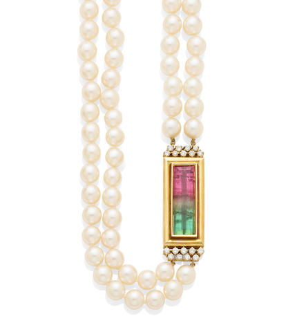 A two strand cultured pearl, watermelon tourmaline, diamond and 18k gold necklace