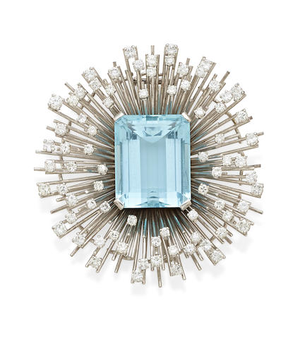 An aquamarine, diamond and  18k white gold clip, Retzignac Caracas