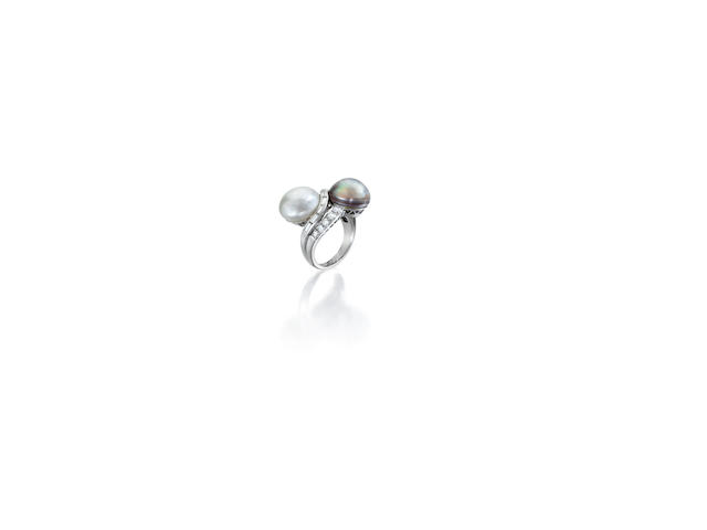A natural pearl and diamond "Toi et Moi" ring