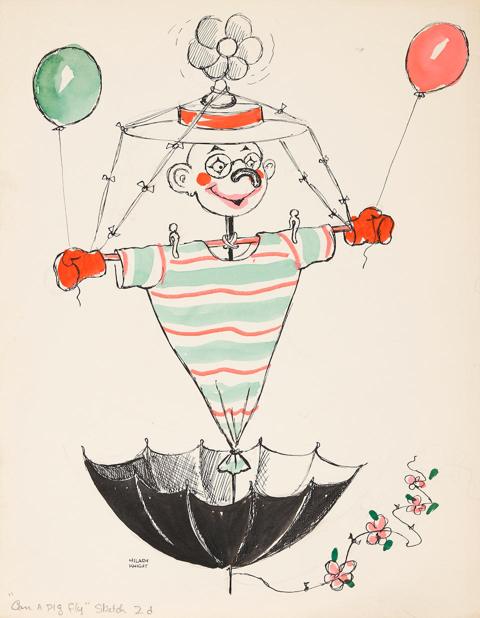 ARCHIVE OF ORIGINAL ART FOR AN UNREALIZED HILARY KNIGHT COLLABORATION WITH TRUMAN CAPOTE, CAN A PIG FLY?  Capote, Truman. 1924-1984. Knight, Hilary, illus. Eight original artworks by Knight for an unpublished picture book in the Random House "Beginner Books" series,