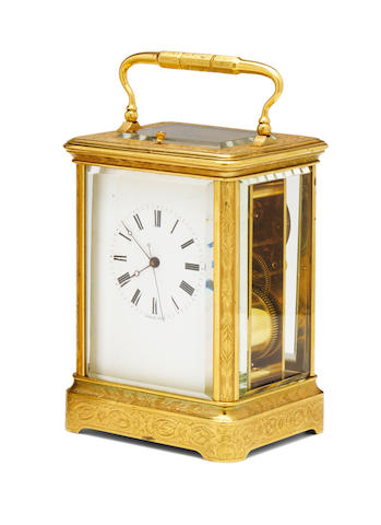 An engraved gilt bell-striking center seconds carriage clock with chronometer escapement Barwise, Paris, No. 224 LM, Mid-19th century