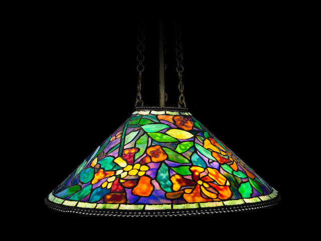 Tiffany Studios (1899-1930) Rare and Early Trumpet Creeper Hanging Lamp1902-05leaded glass and patinated bronzedrop 48 1/2in (123 cm); diameter 25in (63.5 cm)