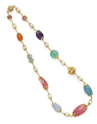 A cultured pearl and gem-set 18k gold 'multi baroque' necklace, Seaman Schepps