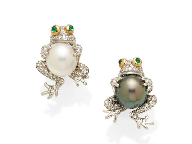 A Pair of cultured pearl, emerald, Diamond and platinum Frog Earrings,  Tiffany & Co.,