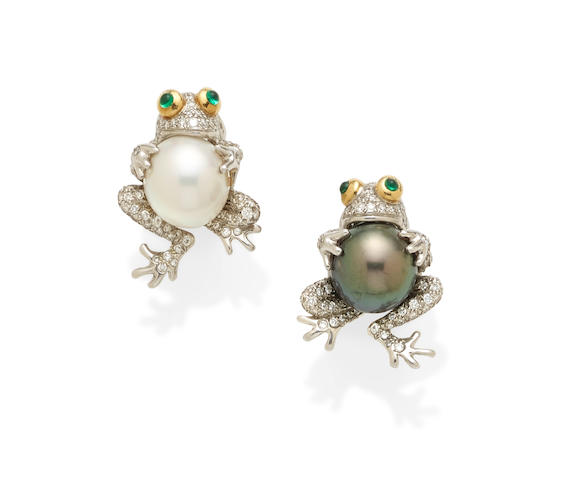 A Pair of cultured pearl, emerald, Diamond and platinum Frog Earrings,  Tiffany & Co.,