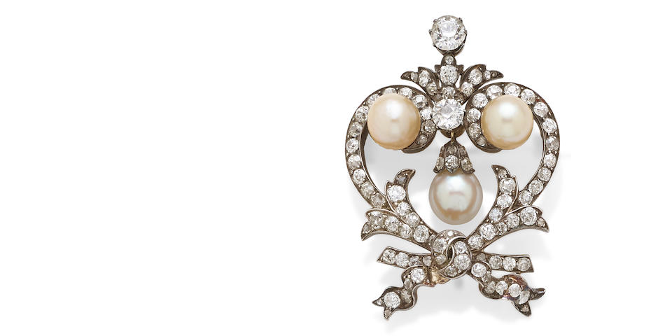 A late 19th century pearl, diamond and silver-topped gold brooch, French