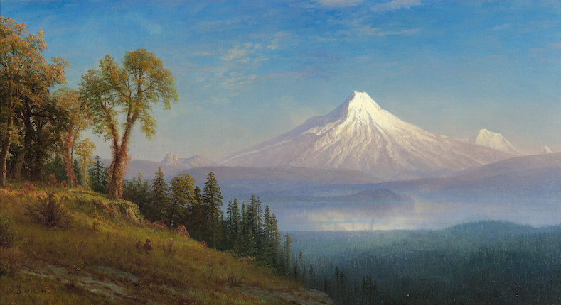 Albert Bierstadt (1830-1902) Mount St. Helens, Columbia River, Oregon 18 x 32 1/2in (45.7 x 82.6cm) (Painted circa  1889.) image 1