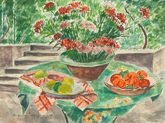 ANDR&#201; DUNOYER DE SEGONZAC (1884-1974) Oeillets et fruits 22 3/4 x 31 in (57.8 x 78.7 cm)