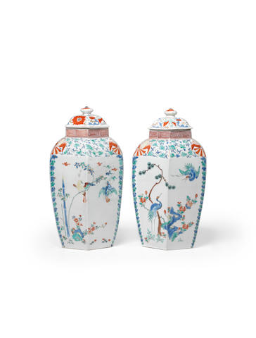 An important pair of "Hampton Court" porcelain jars and covers Arita ware, Kakiemon type, Edo period (1615-1868), 1670-1690