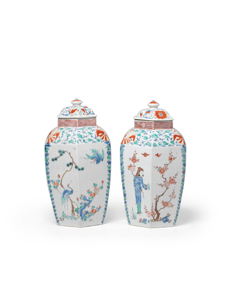 An important pair of "Hampton Court" porcelain jars and covers Arita ware, Kakiemon type, Edo period (1615-1868), 1670-1690