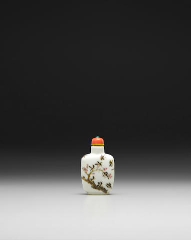 A FAMILLE ROSE 'MAGPIES AND PLUM BLOSSOMS' SNUFF BOTTLE  Daoguang mark and of the period
