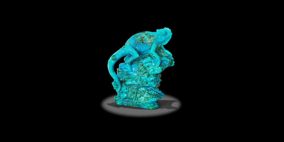 Superb Chrysocolla Carving of a Chameleon by Gerd Dreher