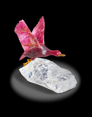 Exceptional Rubellite Tourmaline Carving of a Duck by Eberhard Bank