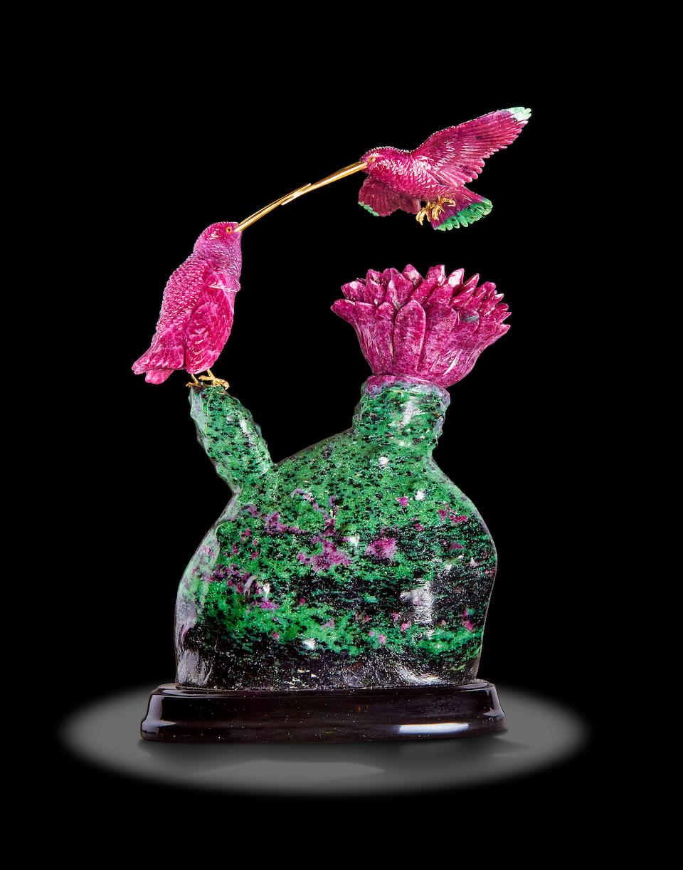 Ruby-in-Zoisite Carving of Hummingbirds and Cactus by Luis Alberto Quispe Aparicio