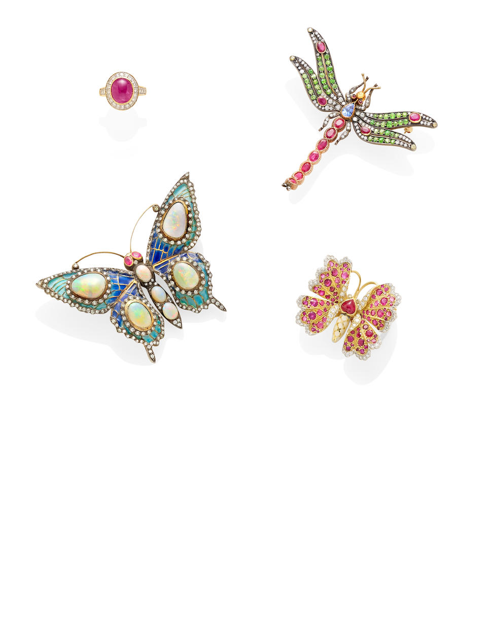 An opal, diamond, ruby, Plique-&#224;-jour, silver and 18k gold butterfly brooch