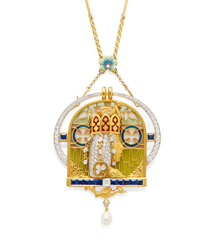 A Plique-&#224;-jour enamel, diamond, sapphire and 18k gold brooch/pendant necklace, Masriera