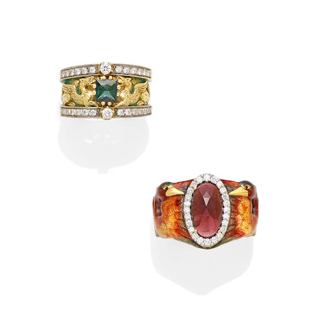 A tourmaline, diamond, Plique-&#224;-jour enamel and 18k gold griffon ring together with an enamel, garnet, diamond and 18k gold ring, Masriera