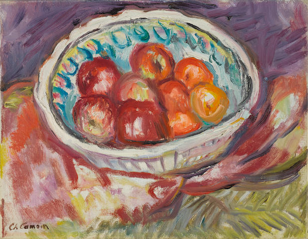 CHARLES CAMOIN (1879-1965) Plat de pommes sur tapis rouge 10 1/2 x 13 3/4 in (26.7 x 34.93 cm) (Painted in 1964)