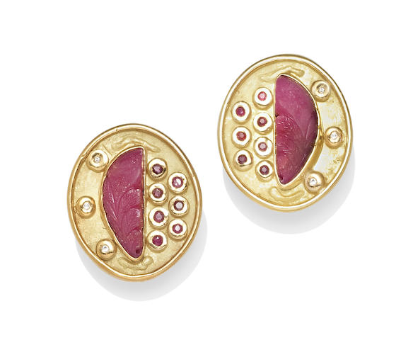 Bonhams : A pair of ruby and diamond ear clips, Denise Robergé