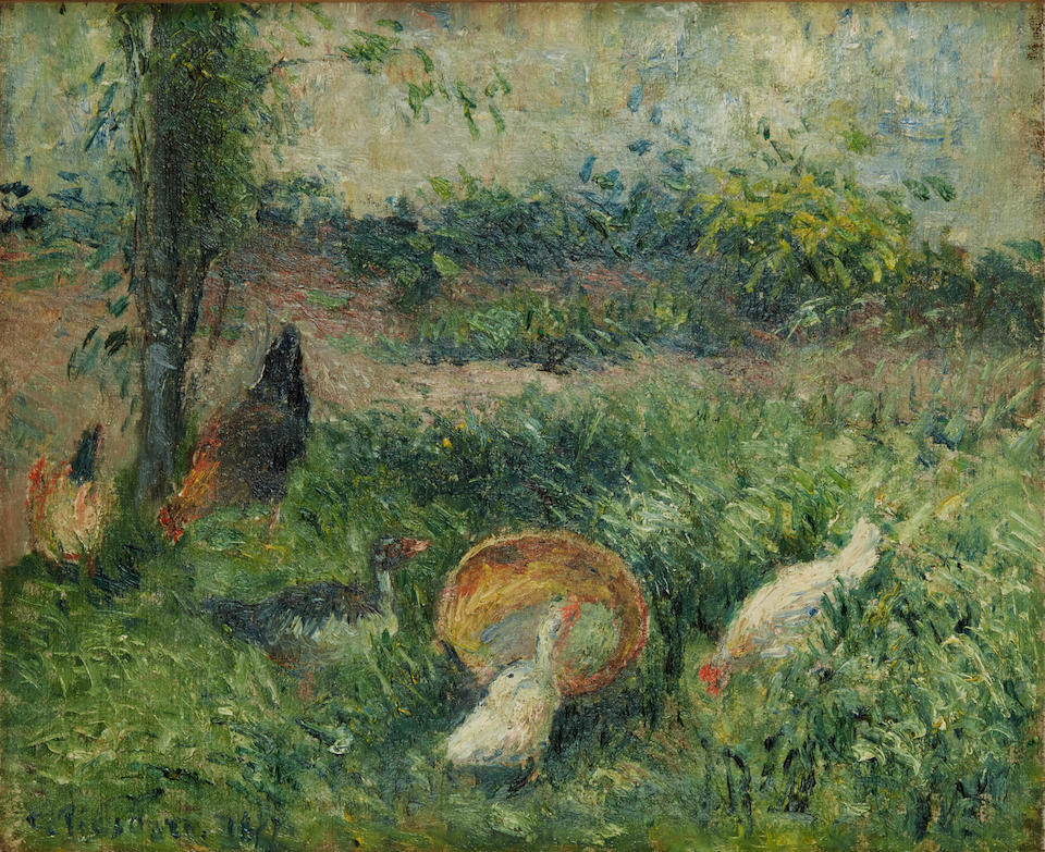 CAMILLE PISSARRO (1830-1903) Paysage d'Hiver (recto); Basse-cour avec poules et canards (verso) 14 3/4 x 17 3/4 in (37.5 x 45.1 cm) (Painted in 1876-77)