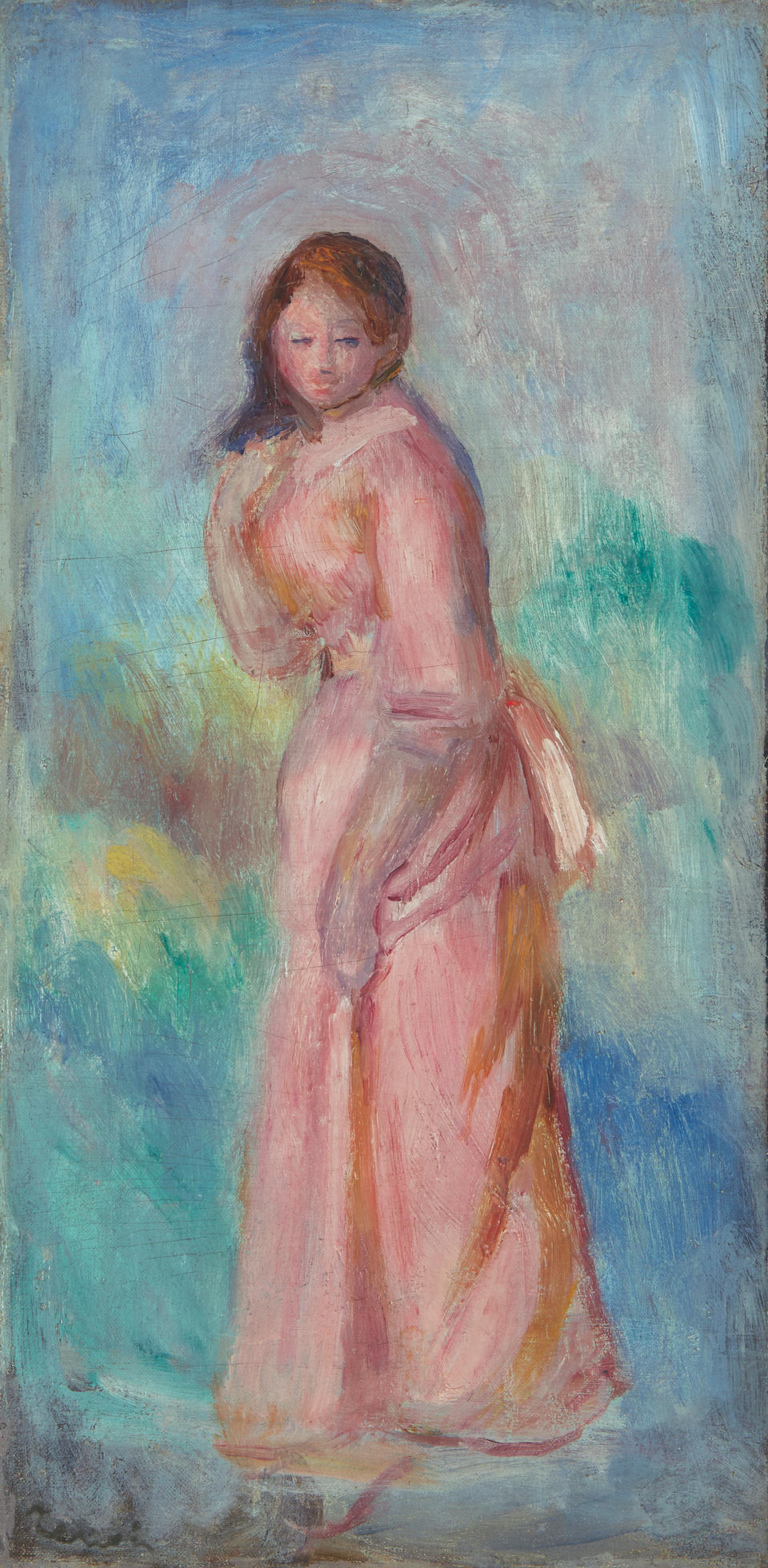 PIERRE-AUGUSTE RENOIR (1841-1919) Jeune fille en rose 11 3/4 x 6 in (29.8 x 15.2 cm) (Painted in 1900)