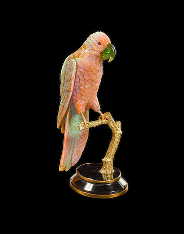 Carved Opal, Smoky Quartz and Tourmaline Parrot by Erwin Klein