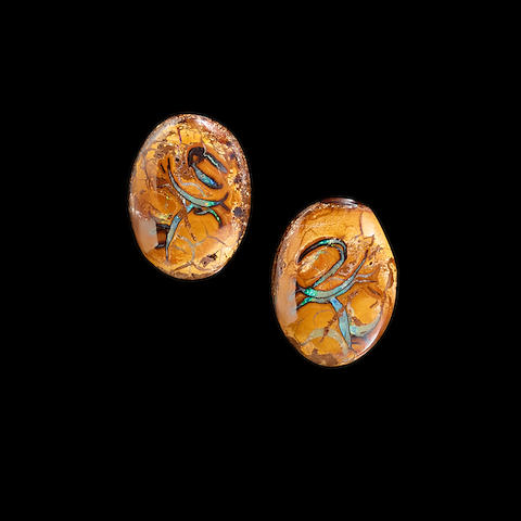 Pair of Boulder Opal Cabochons with "Sanskrit" Writing