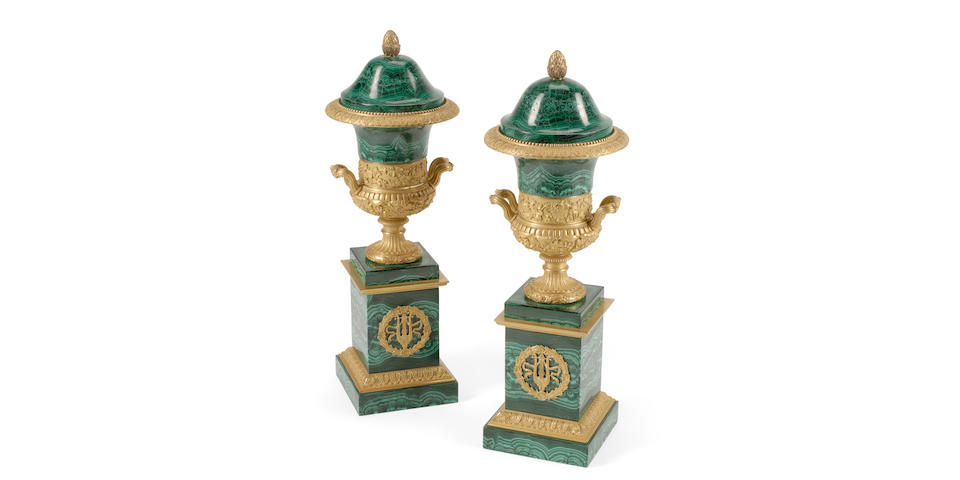 A Pair Of Empire Style Gilt Bronze And Malachite Covered Urns
