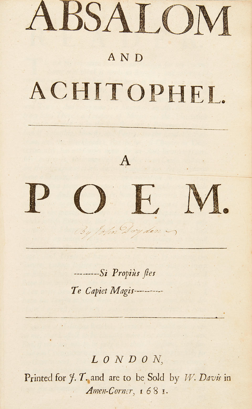 Bonhams Dryden John 1631 1700 Absalom And Achitophel A Poem