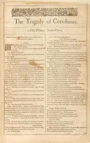 SHAKESPEARE, WILLIAM. 1564-1616. The Tragedie of Coriolanus [Extracted from the First Folio].. [London: Isaac Jaggard..., 1623.]
