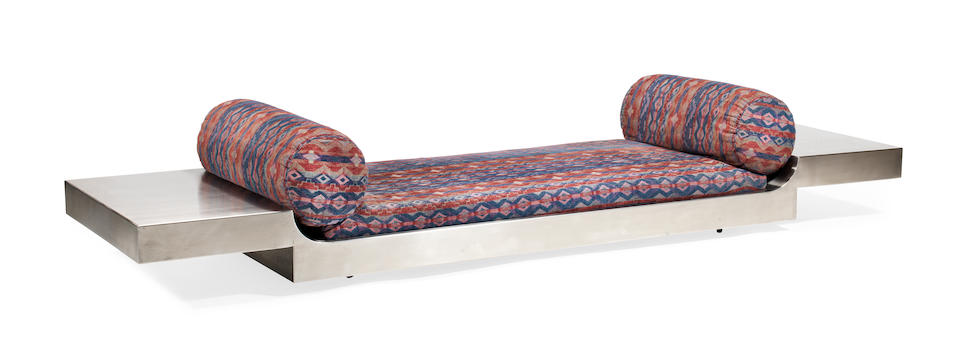Maria Pergay (born 1930) Daybed1968-69for Design Steel, France, brushed stainless steel, upholstered seat cushionsheight 15in (38cm); width 118in (300cm); depth 39 3/8in (100cm)