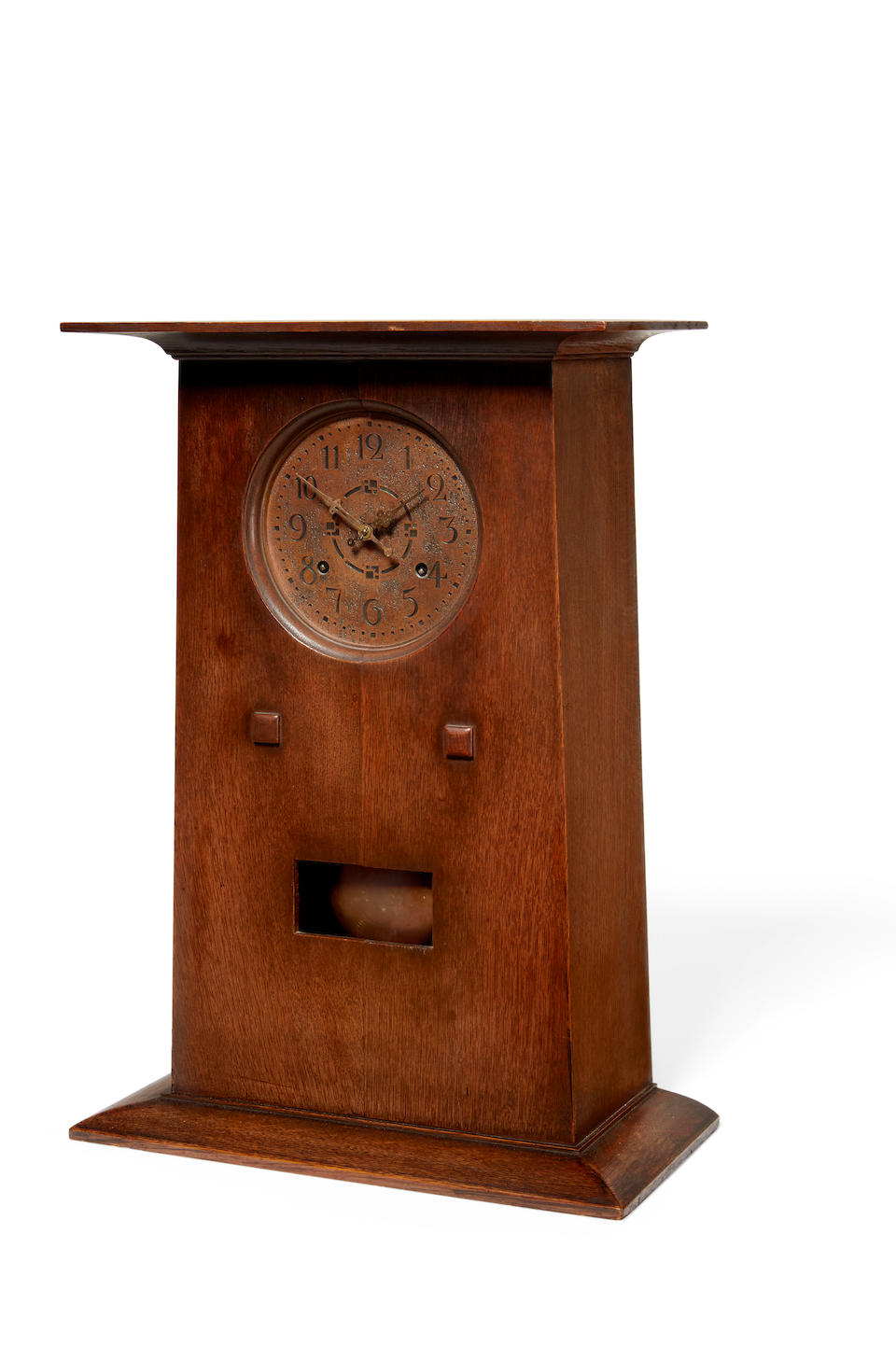 Peter Hansen (1880-1947) Rare Mantel Clockcirca 1910model no. 85, for L. & J.G. Stickley, oak, acid-etched copperheight 23in (58.5cm); width 16in (40cm)
