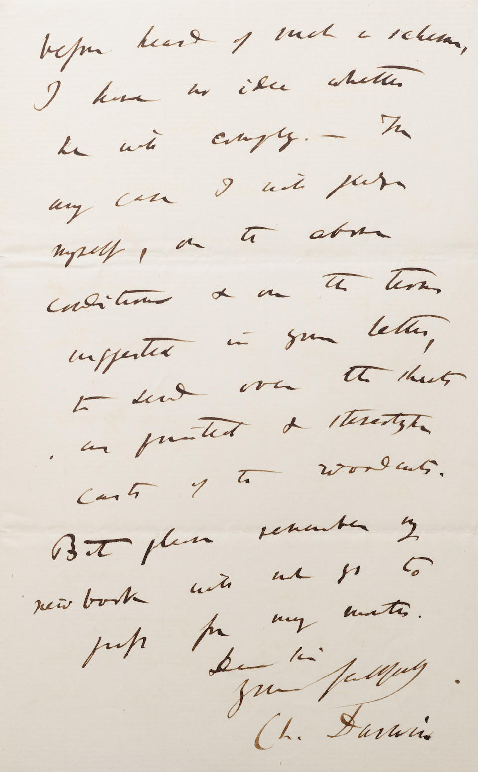 DARWIN, CHARLES. 1809-1882. Autograph Letter Signed ("Ch. Darwin") arranging for a new American edition of Origin of Species