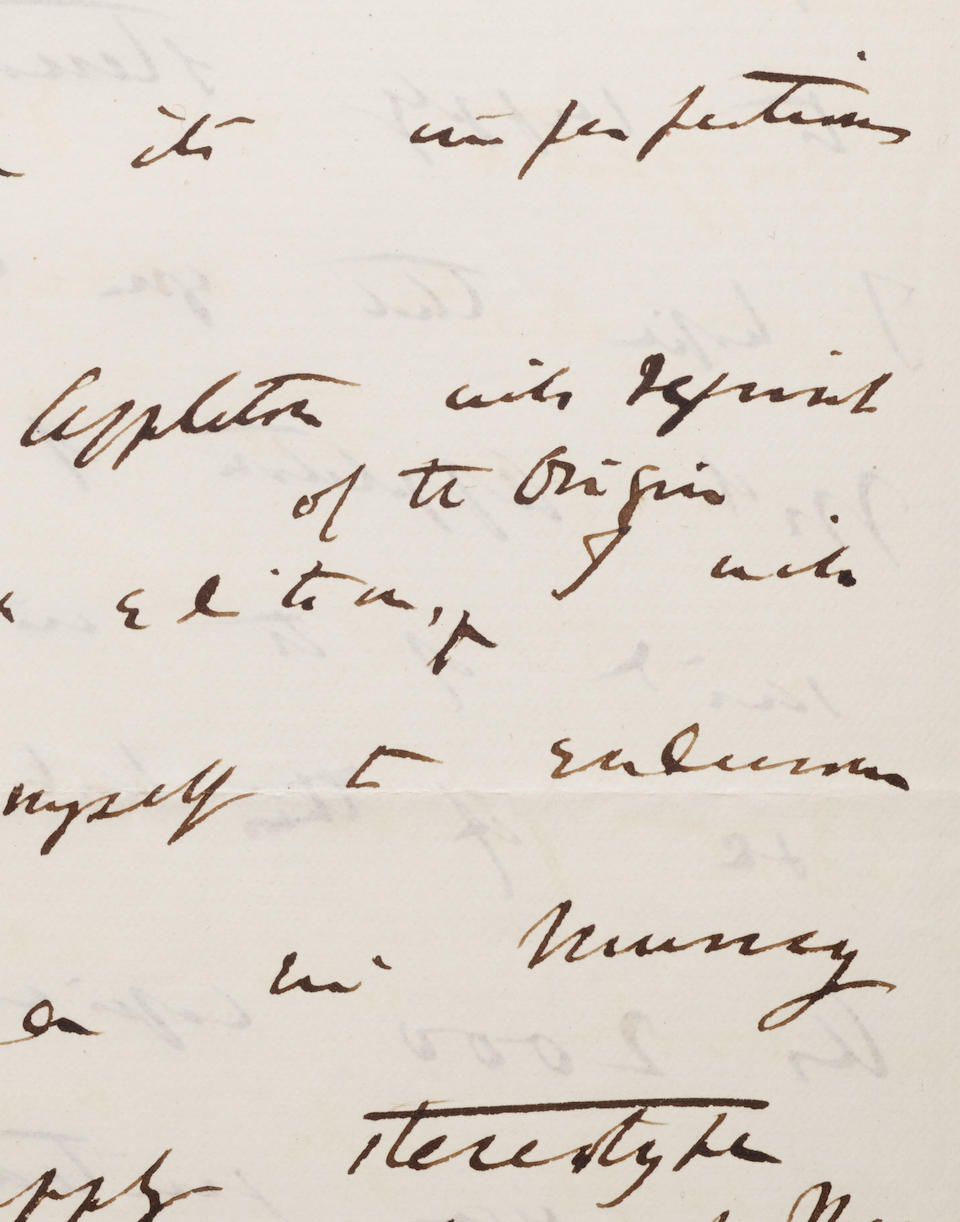 DARWIN, CHARLES. 1809-1882. Autograph Letter Signed ("Ch. Darwin") arranging for a new American edition of Origin of Species