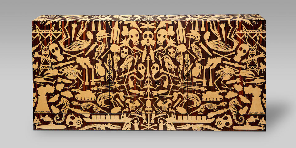 Studio Job (Founded 1998) Unique Industry/Perished Dressoir2006macassar ebony, exterior inlaid with birds's eye maple, interior with partial inlay to shelf edge and 'JOB' tag, inlaid dedication with motif of two primate skeletons to the reverseheight 37 1/2in (95cm); width 78 3/4in (200cm); depth 13 3/4in (35cm)