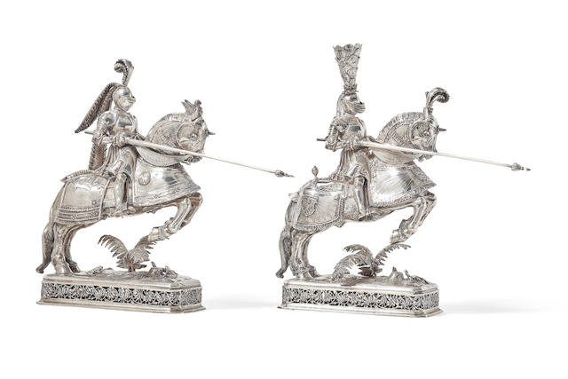A pair of German 800 standard silver knights on horseback  with the mark of B. Neresheimer & Sohne, Hanau, circa 1900