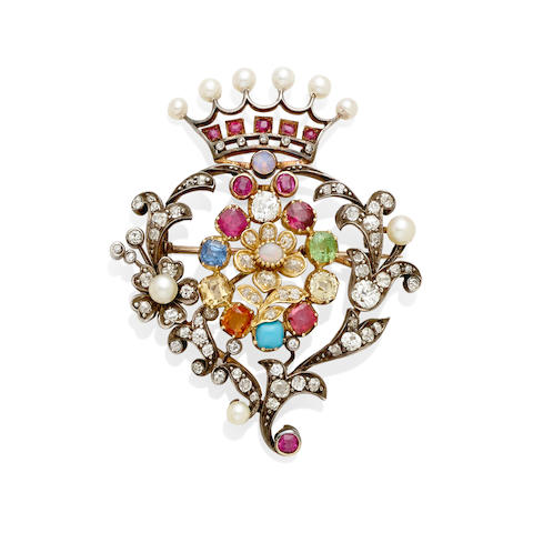 A pearl, diamond and gem-set brooch