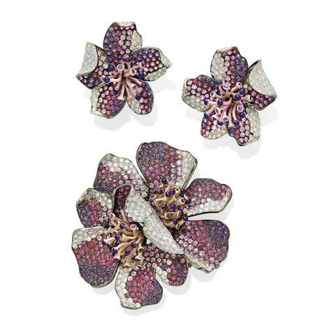 A purple sapphire, diamond and enamel flower clip and ear clip set