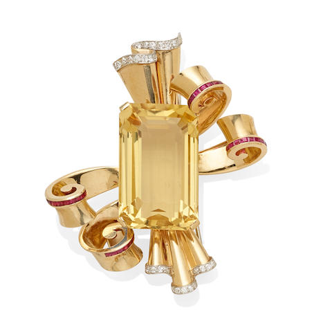 A citrine, diamond and ruby clip,  Reflection by Trabert & Hoeffer, Mauboussin