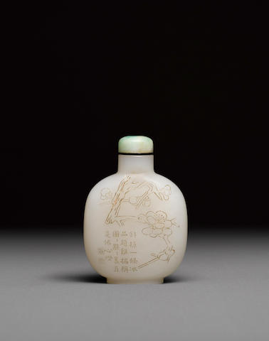 An inscribed white jade 'prunus' snuff bottle  Late 18th/19th century