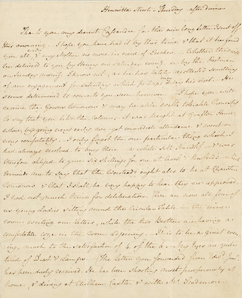 AUSTEN, JANE. 1775-1817. Autograph Letter Signed (J. Austen), to her sister Cassandra, discussing their brother Edward's china from Wedgwood's, music lessons, the children's dentistry, and Mrs. Tilson's child-bearing among other intimate affairs, image 1