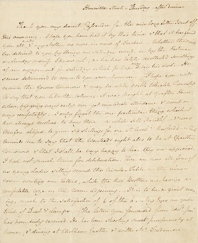 AUSTEN, JANE. 1775-1817. Autograph Letter Signed ("J. Austen"), to her sister Cassandra, discussing their brother Edward's china from Wedgwood's, music lessons, the children's dentistry, and Mrs. Tilson's child-bearing among other intimate affairs,