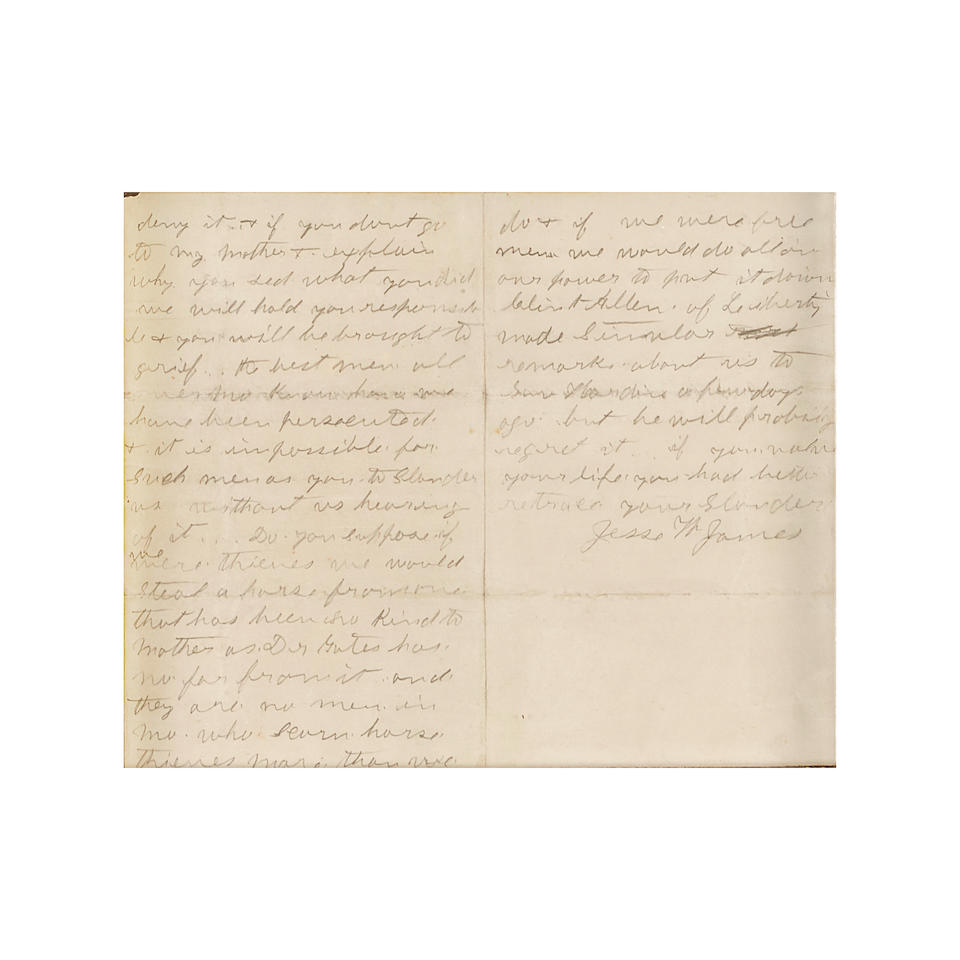 JAMES, JESSE. 1847-1882. Autograph Letter Signed ("Jesse W. James"), to Mr. Flood demanding Flood retract spurious accusations of James being a horse thief,