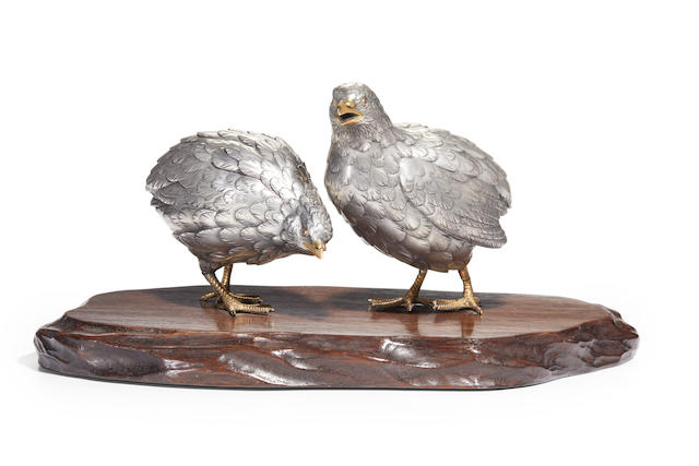 A silver model of a pair of quails Meiji era (1868-1912), late 19th century
