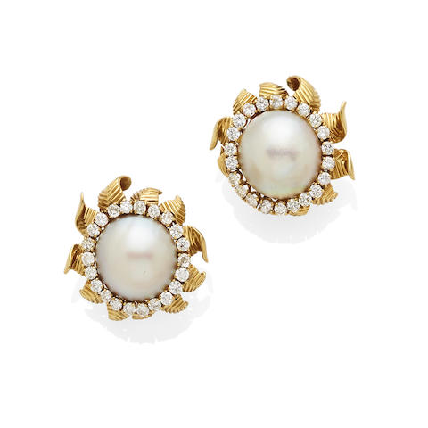 A pair of mab&#233; pearl and diamond ear clips,  Van Cleef and Arpels,
