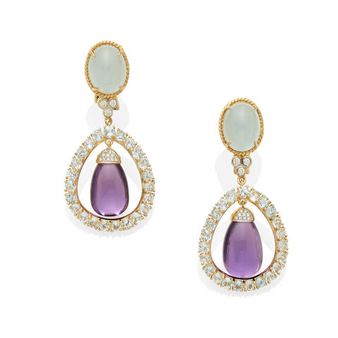 A pair of amethyst, aquamarine and diamond pendant earrings