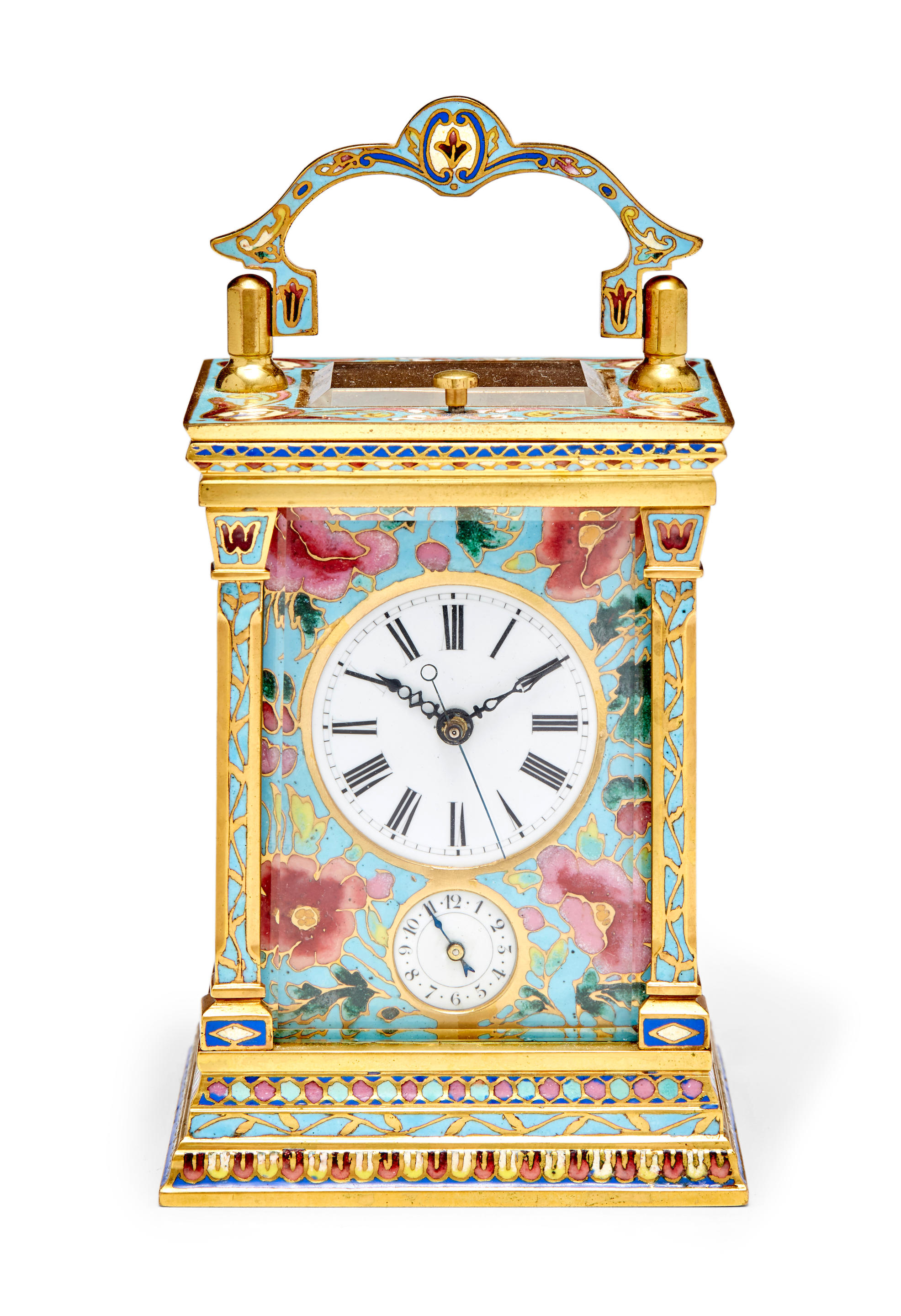 A fine cloisonné enamel quarter repeating miniature carriage clock with...