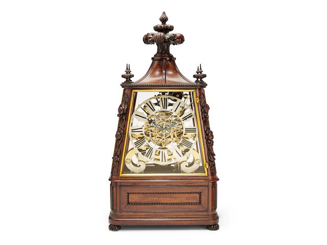 A very fine exhibition quality large triple fusee quarter chiming musical skeleton clock in carved walnut vitrineSigned on the dial, J. F. Cole, London and on the frame, J. R. Losada, 105 Regent Street, London; the musical movement signed, Nicole Fr&#232;res mid 19th century